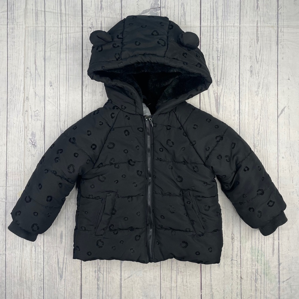 Kids Black Leopard Print Puffer‎ Coat with Hood and Faux Fur Lining Tahiti 24m